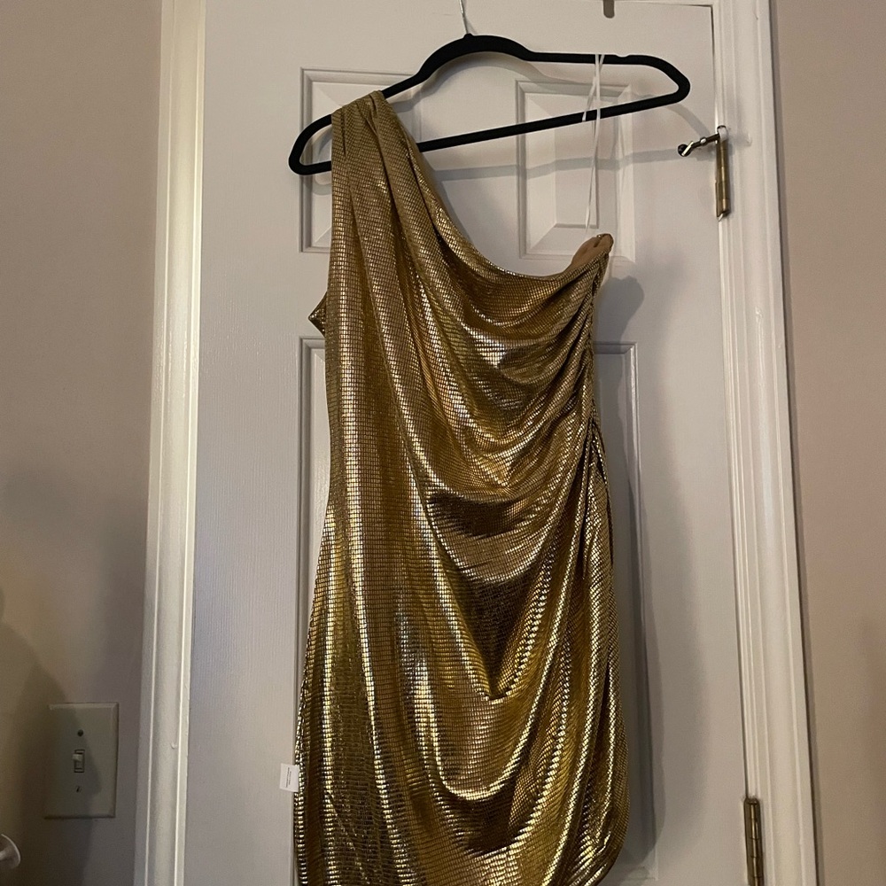 Showpo Gold One-Shoulder Mini Dress